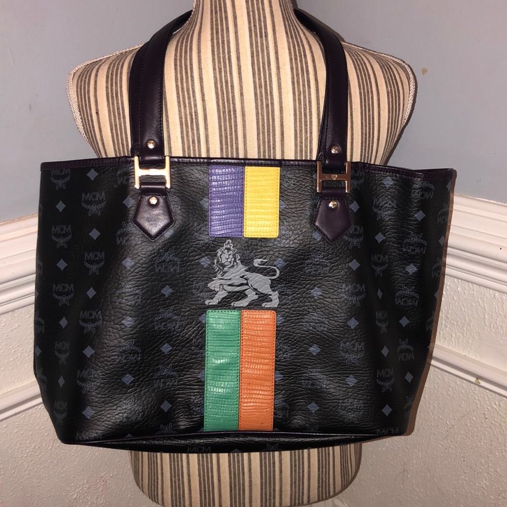 MCM Black Leather Logo Tote with Multicolor Stripe Accents